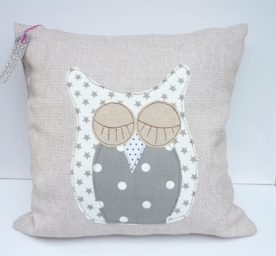Raw edge Applique Owl Cushion Handmade in Shades of Gray With Feather Pillow