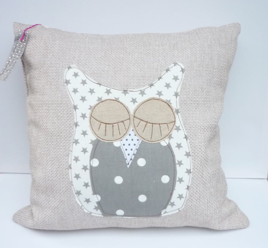 Raw edge Applique Owl Cushion Handmade in Shades of Gray With Feather Pillow
