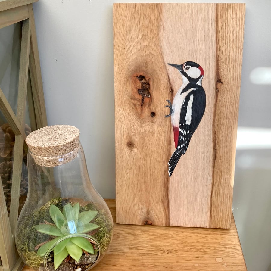 Great spotted woodpecker wall art wooden painting 