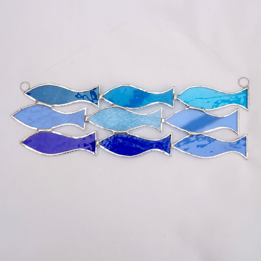 Stained Glass Handmade Hanging Decoration Shoal of 9 Fish Suncatcher 