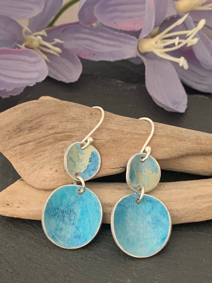 Water colour collection - hand painted aluminium earrings sky blue and lime