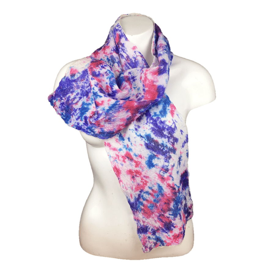 Nuno felted scarf, merino wool overlaid with silk chiffon in red blue and purple