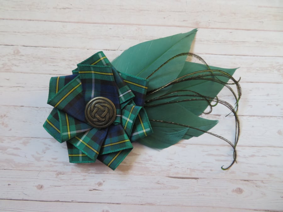 Campbell Tartan Ruffle Celtic Button and Bottle Green Feather Hat or Hair Clip