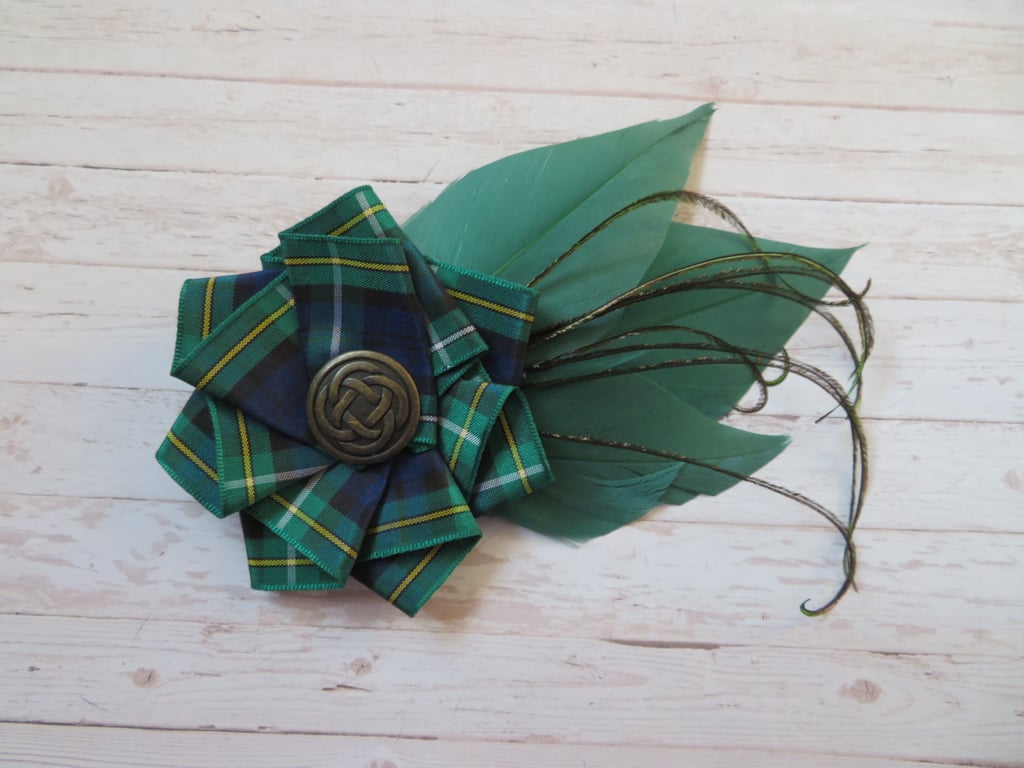 Campbell Tartan Ruffle Celtic Button and Bottle Green Feather Hat or Hair Clip