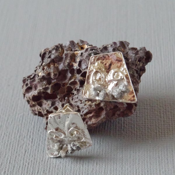 Chunky Sterling Silver and Grey Diamond Minimalist Primitive Stud Earrings 