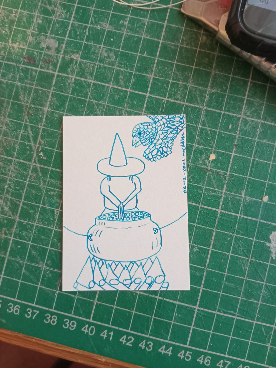 Blue fountain pen illustration ACEO witch with cauldron and familiar 
