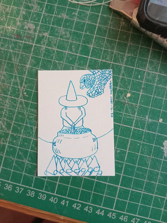 Blue fountain pen illustration ACEO witch with cauldron and familiar 