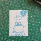 Blue fountain pen illustration ACEO witch with cauldron and familiar 