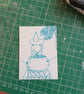 Blue fountain pen illustration ACEO witch with cauldron and familiar 