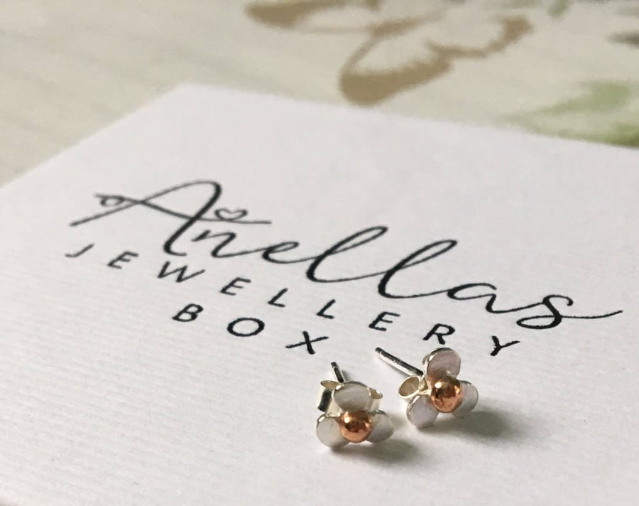 Flower Stud Earrings, Mixed Metal Studs, Silver Studs, Flower Jewellery