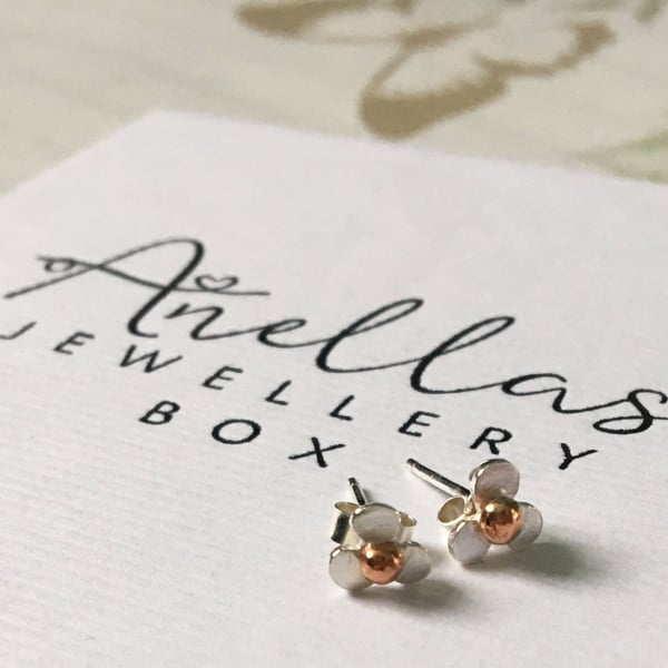 Flower Stud Earrings, Mixed Metal Studs, Silver Studs, Flower Jewellery