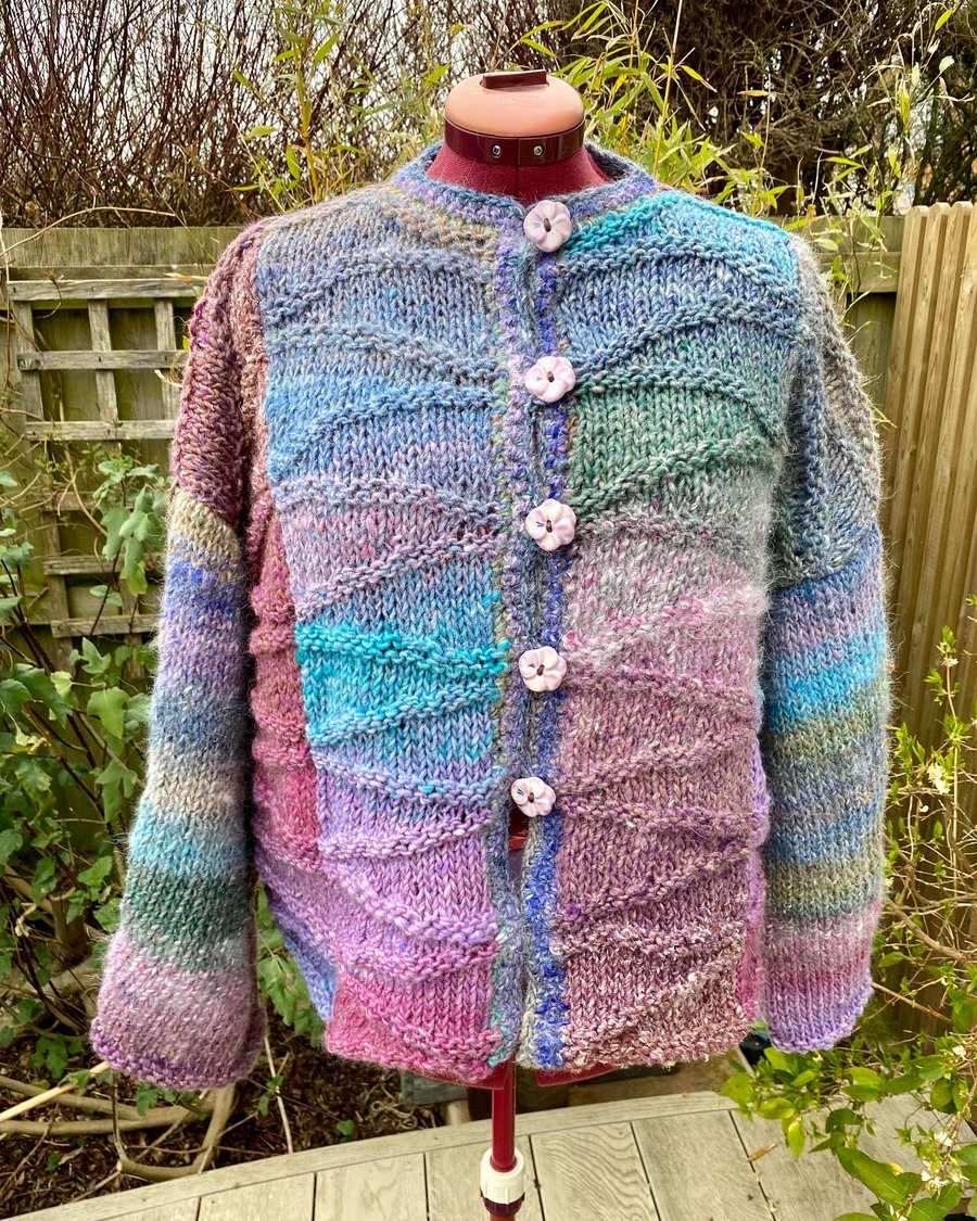 Gorgeous large hand knitted chunky cardigan jacket with hand made ceramic button