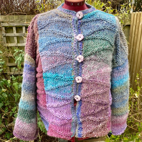 Gorgeous large hand knitted chunky cardigan jacket with hand made ceramic button