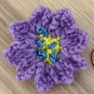 Individual crochet flower badge brooch purple yellow metallic thread 