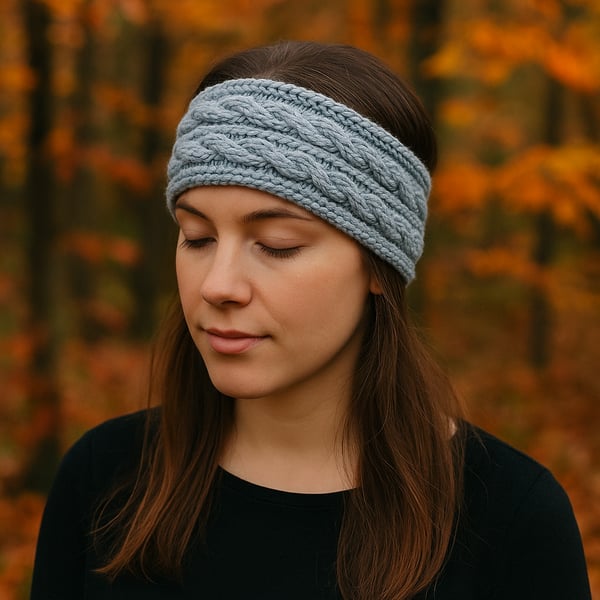 Hand knitted ladies grey-green headband ear warmer with double cable pattern 