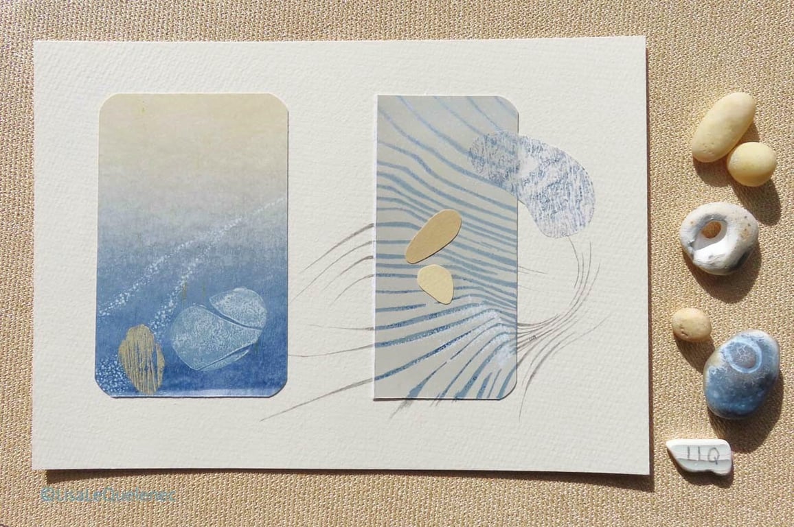 A subtly coloured mixed media collage depicting gentle erosion by wind & water