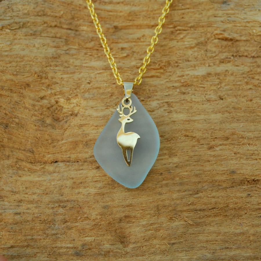 Beach glass pendant with elegant deer charm