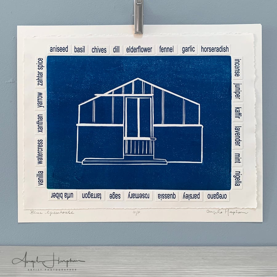 Blue Greenhouse Woodcut Print with A-Z Herbs and Spices