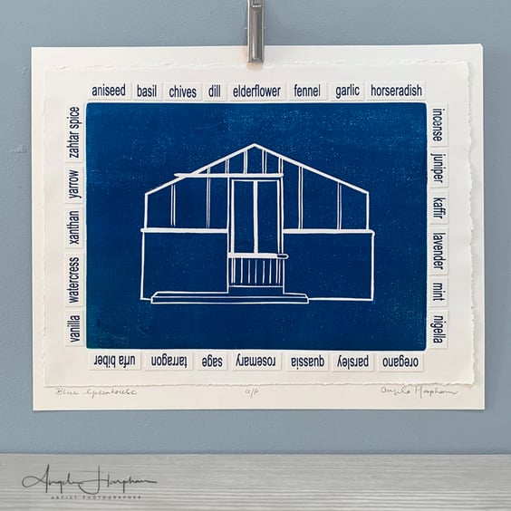 Blue Greenhouse Woodcut Print with A-Z Herbs and Spices