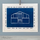 Blue Greenhouse Woodcut Print with A-Z Herbs and Spices