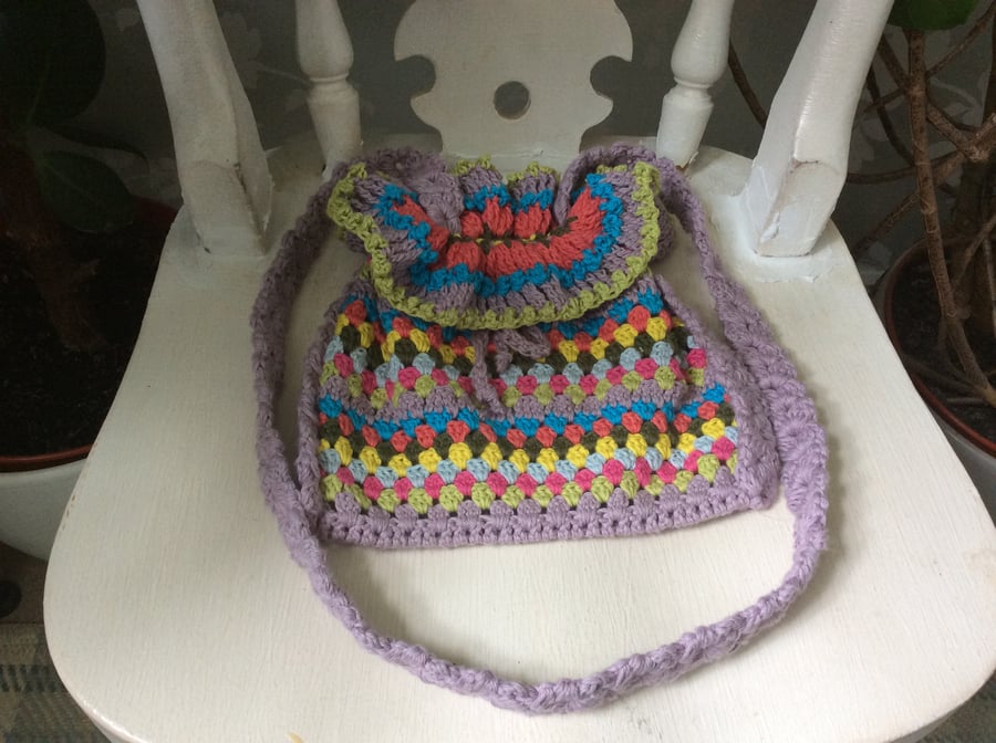 Crochet across the body drawstring bag, free 2nd class P&P