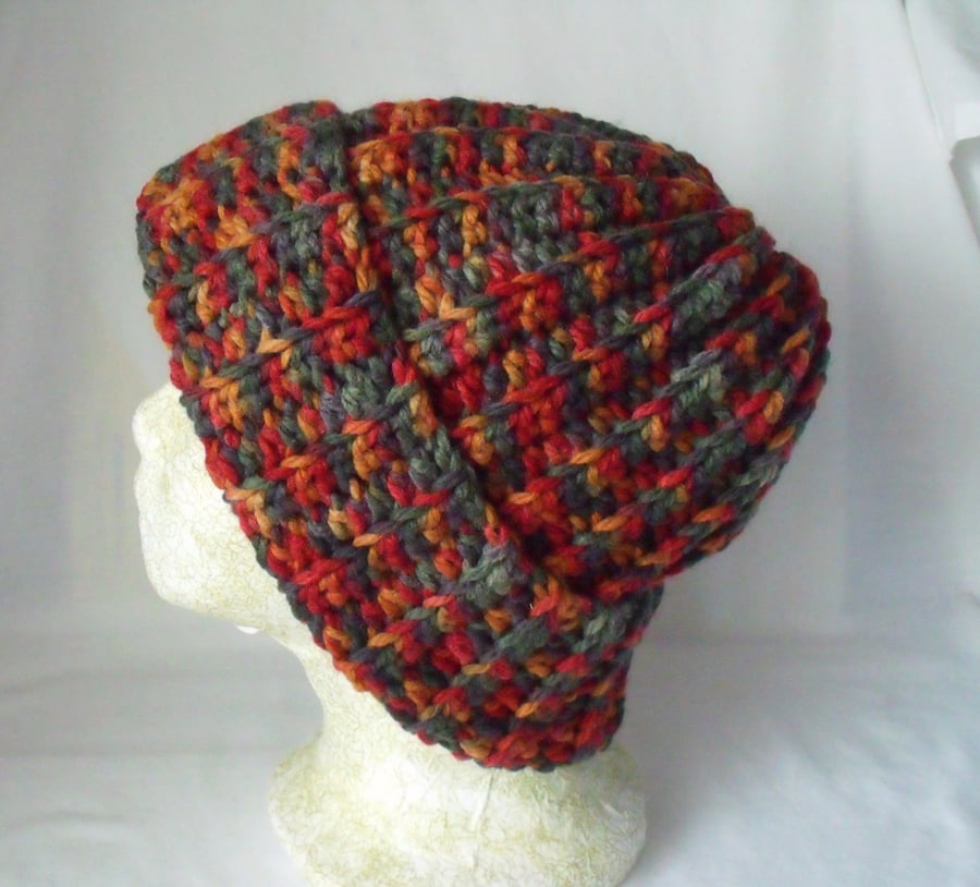 unisex crocheted woolly beanie in earthy tones