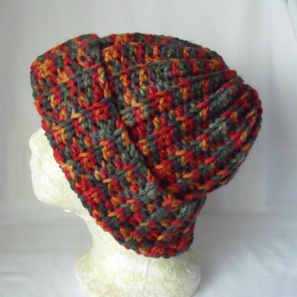 unisex crocheted woolly beanie in earthy tones