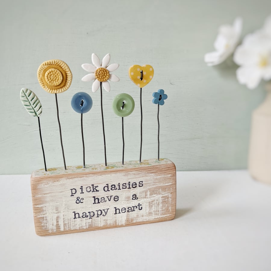 Clay and Button Flower Garden in a Wood Block 'pick daisies'