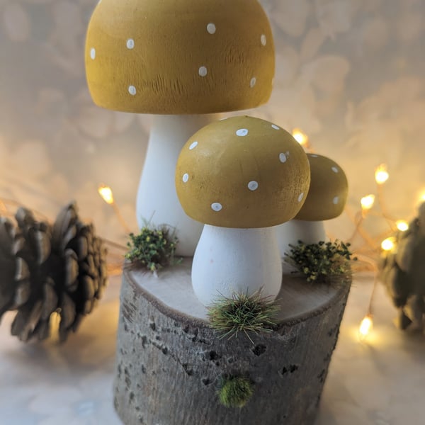 Handpainted wooden toadstool ornament.