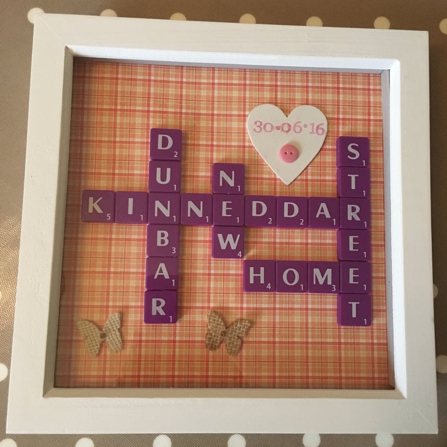 Bespoke handmade Scrabble letter 'new home' pictures