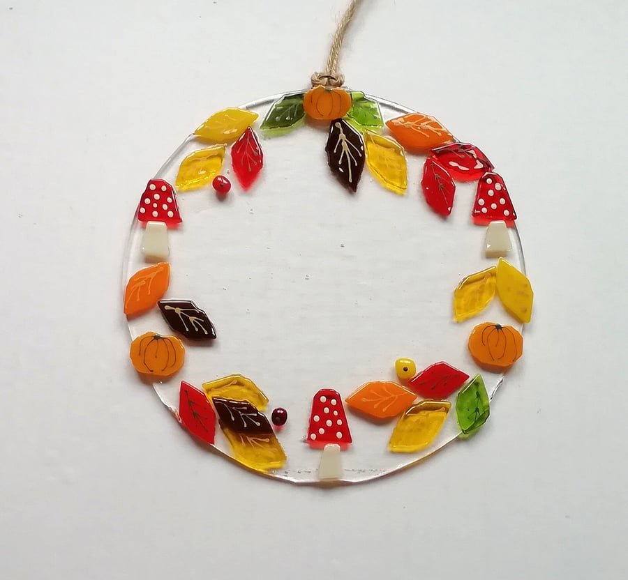 Fused Glass Autumn Wreath: Toadstools, Pumpkins, Fall Decor