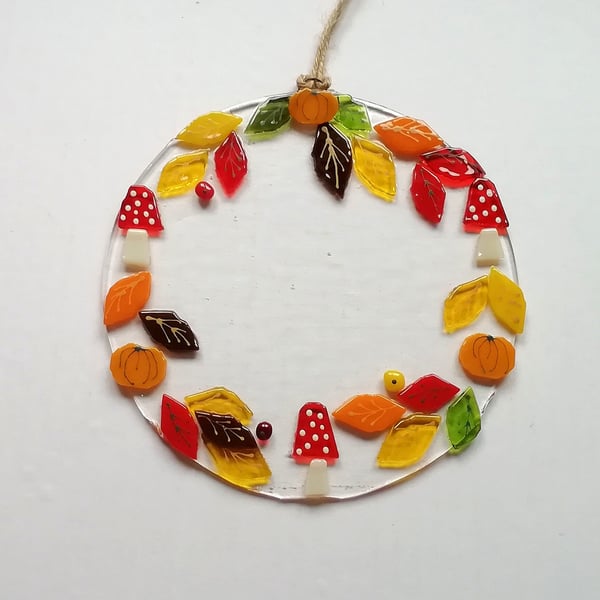 Fused Glass Autumn Wreath: Toadstools, Pumpkins, Fall Decor