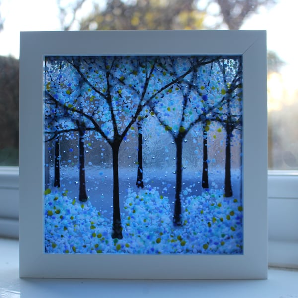 Seconds Sunday 15cm x 15cm Amazing Fused Glass Woodland Picture 'Blue Sky'