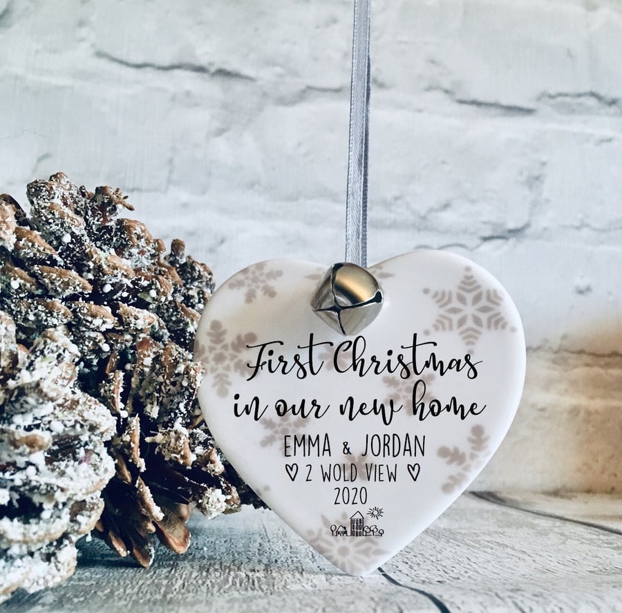First Christmas new home bauble, personalised hanging heart, first home christma