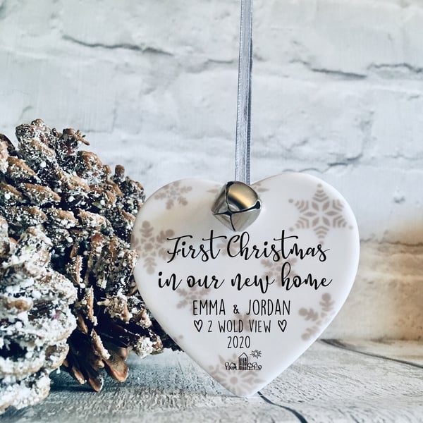 First Christmas new home bauble, personalised hanging heart, first home christma