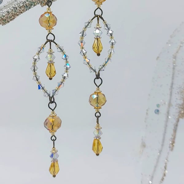 Statement Gold and Crystal Beaded Chandelier Earrings