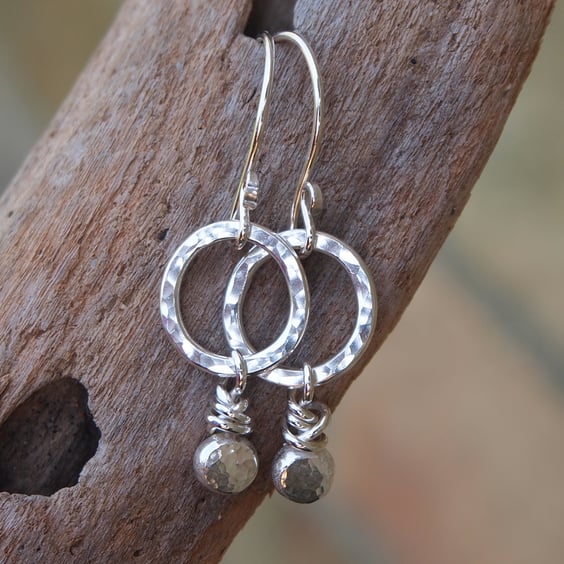 Silver hoop pebble drop earrings, silver jewellery