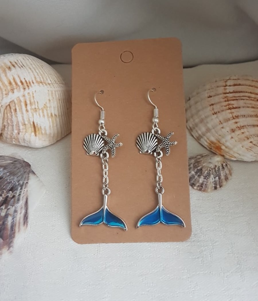 Beautiful Blue Whale Tail Dangly Earrings.