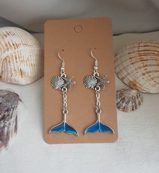 Beautiful Blue Whale Tail Dangly Earrings.