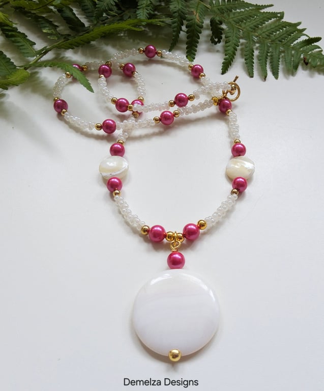 Designer Mother of Pearl,  Shell Pearl & Seed Bead  Necklace Gold Plated