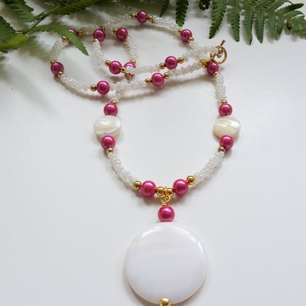 Designer Mother of Pearl,  Shell Pearl & Seed Bead  Necklace Gold Plated