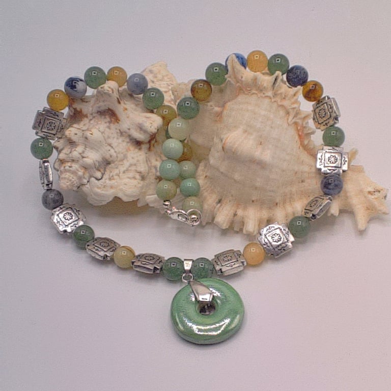 Green Ceramic Donut Pendant on a Mixed Gemstone Beaded Necklace, Gift for Her