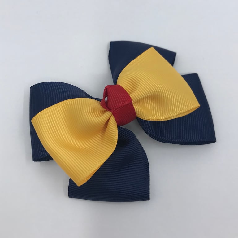 Navy and Yellow Gold with Red Top Knot Bow on Clip