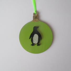 Penguin Christmas Tree Wooden Bauble Hanging Decoration Ornament Glittery