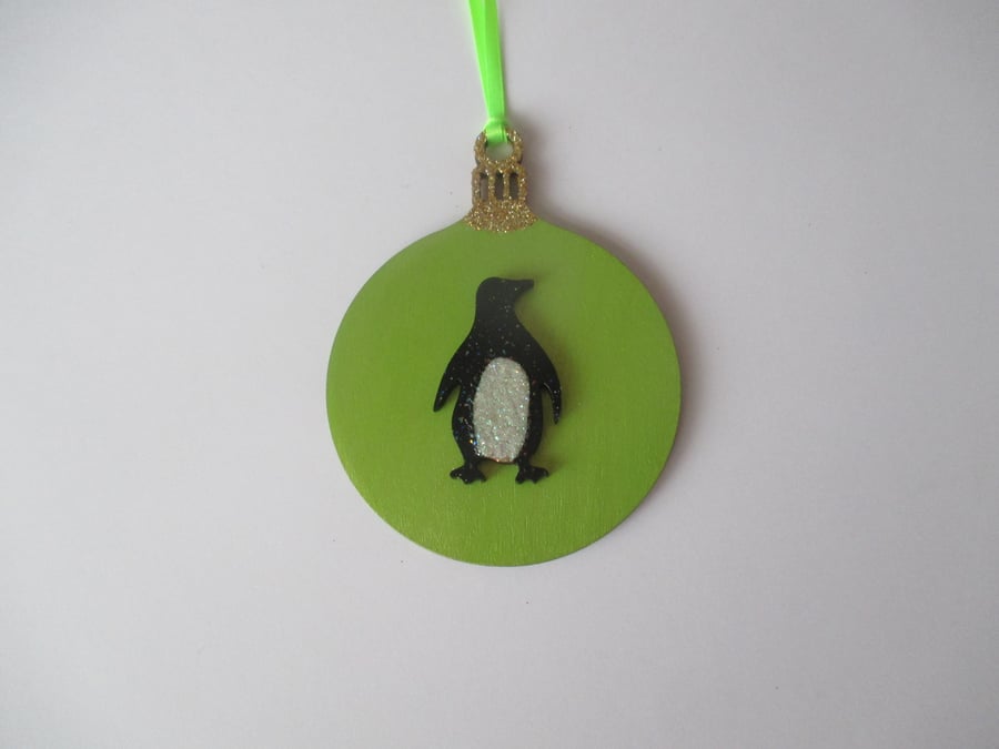 Penguin Christmas Tree Wooden Bauble Hanging Decoration Ornament Glittery