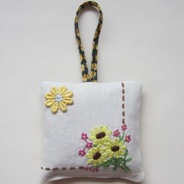 Vintage Embroidered Floral Lavender Bag with Hanging Loop