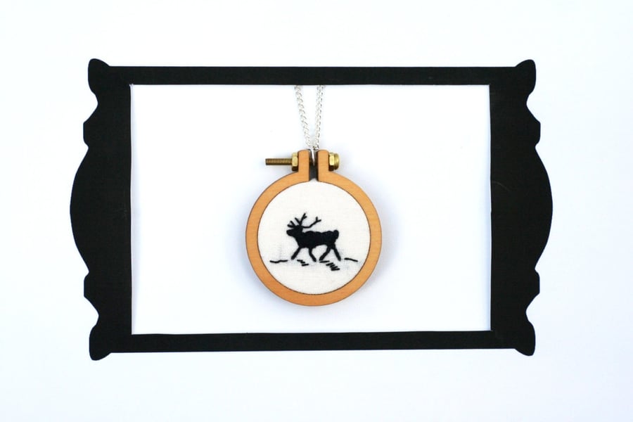 Christmas Reindeer silhouette mini hoop hand embroidered necklace