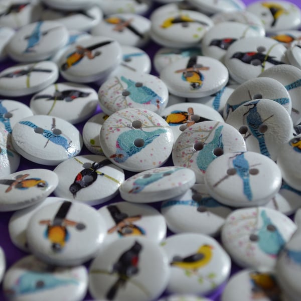 15mm Wooden Bird Buttons Random Mix Parrot Birdie (SB2)