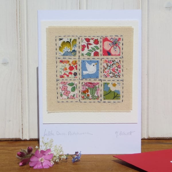 Little Dove Patchwork, sweet little hand-stitched card with Liberty Cottons