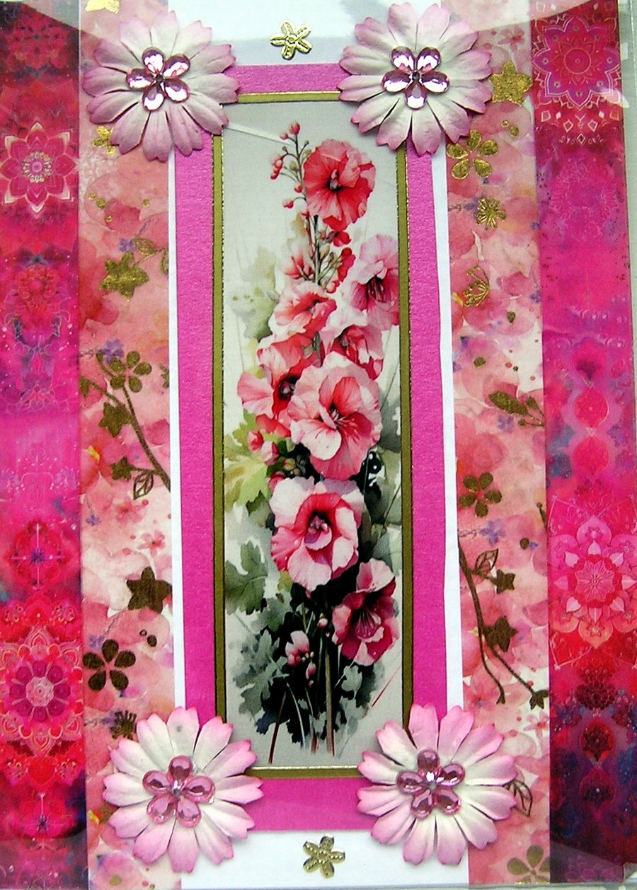 Pink Hollyhock Flowers - Hand Crafted Decoupage Greeting Card - Blank 3078